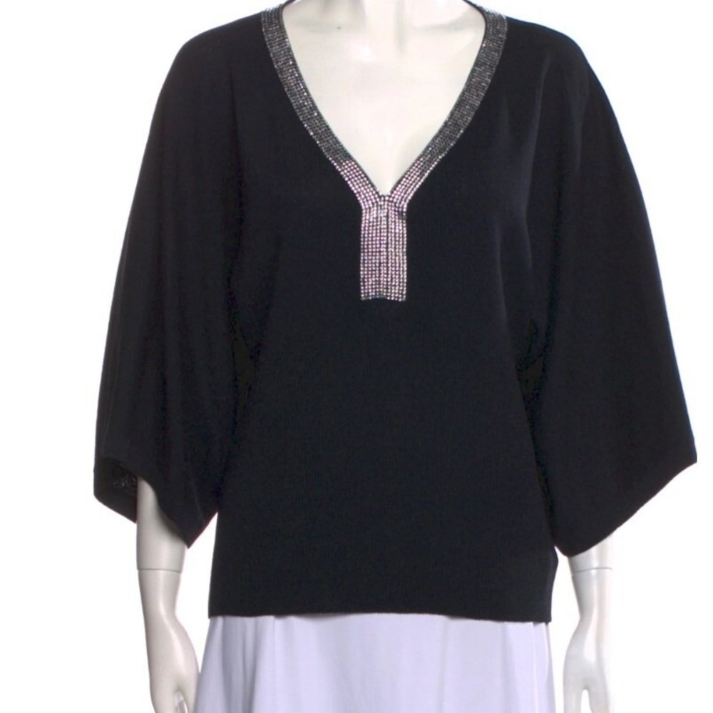 St. John Evening Rhinestone Embellished Top Batwing Sleeve Blouse‎ L